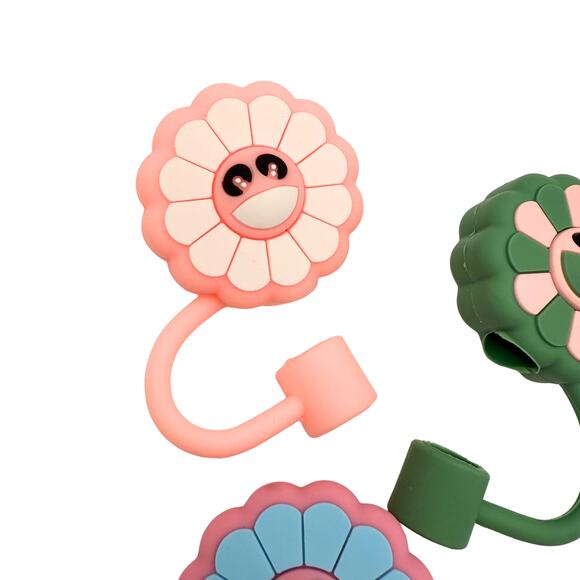 Smiley Flower Silicone Straw Toppers Set of 3 Fits 10mm Straws Cute Girly Floral - Picture 3 of 4